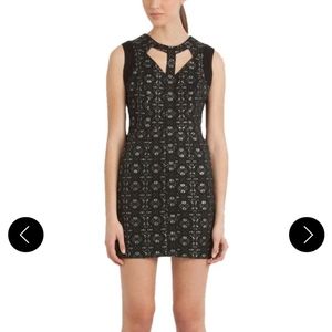 Maje Black Silver Eclaircie Cutout Leather Trim Jacquard Dress Medium